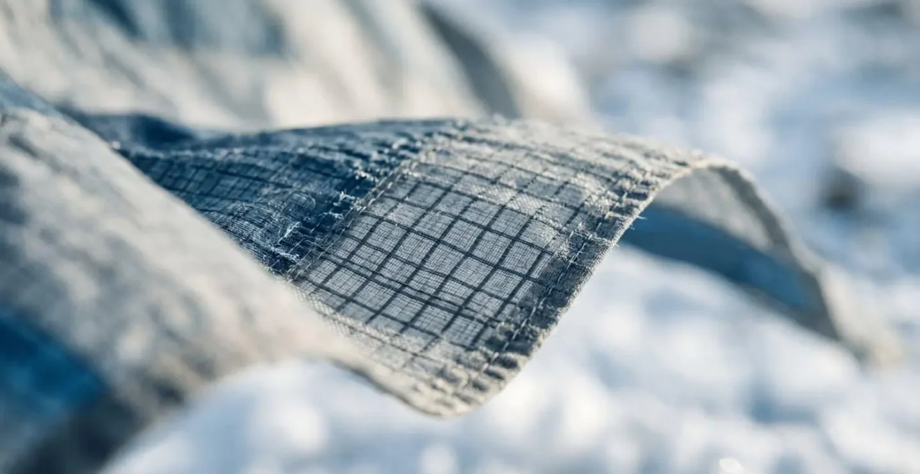Gros plan sur le bord de fuite d'une aile à caissons montrant la structure textile et les points de tension