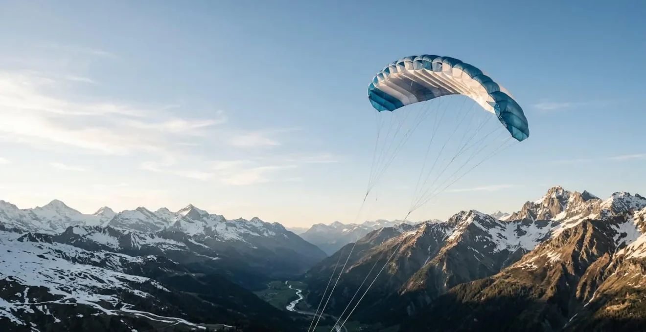 Aile de traction à caissons déployée dans un paysage de montagne, illustrant la légèreté et la polyvalence pour le voyage