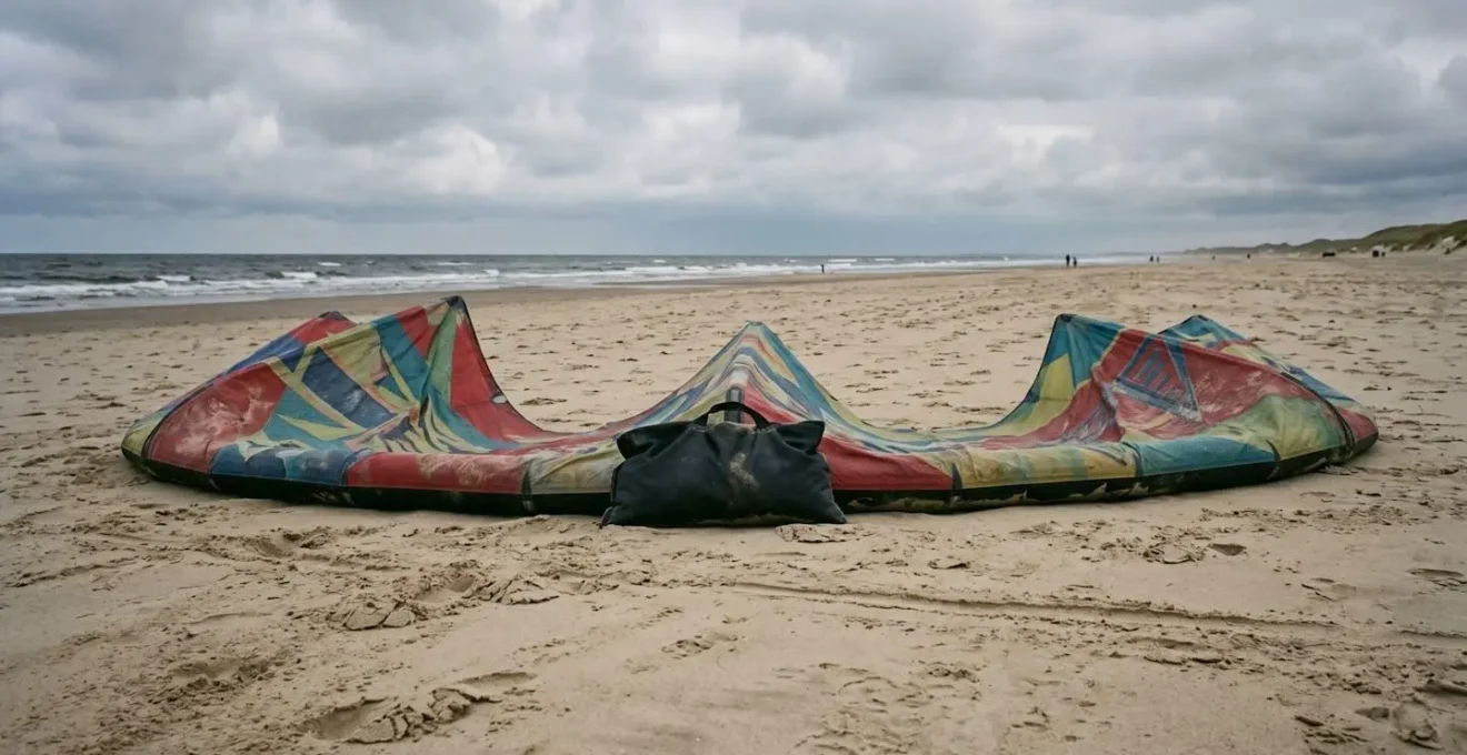Vue de profil d'une aile de cerf-volant au sol avec sac de lestage sur le bord d'attaque