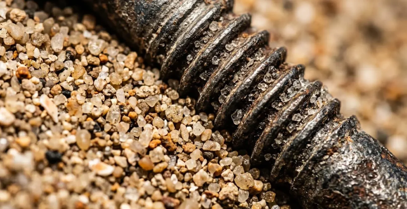 Détail macro d'un système d'ancrage sur sable avec grains cristallins visibles