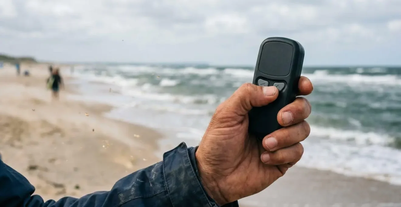 Anémomètre portable tenu à hauteur d'homme avec plage et vent visible en arrière-plan