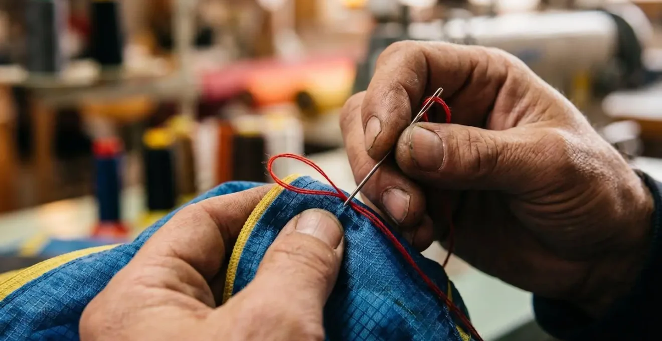 Gros plan sur les mains d'un artisan cousant minutieusement du tissu coloré pour un cerf-volant artistique