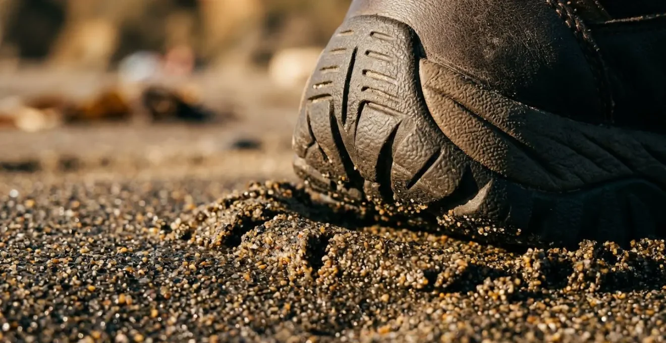 Vue macro des talons creusant le sable lors de la traction terrestre