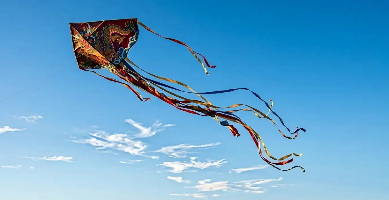 Cerf-volant traditionnel asiatique traçant des courbes élégantes dans le ciel bleu, évoquant l'art de la calligraphie
