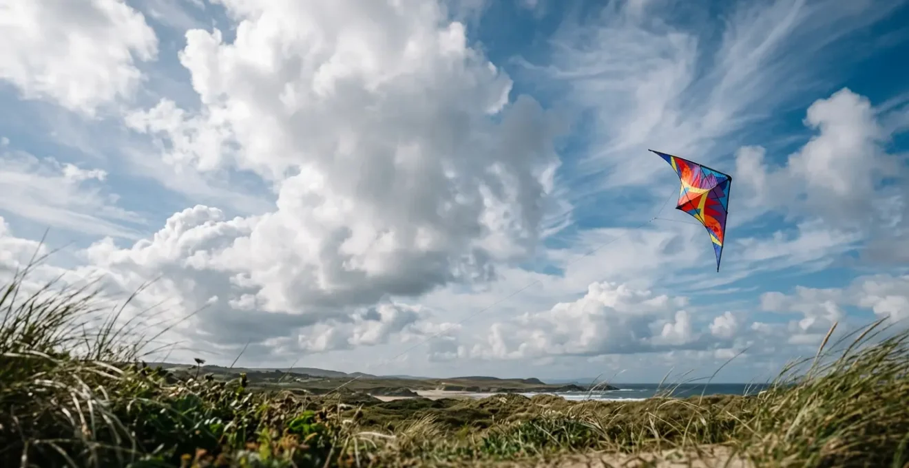 Cerf-volant coloré planant dans un ciel parsemé de cumulus, symbolisant la connexion entre l'homme et les éléments naturels