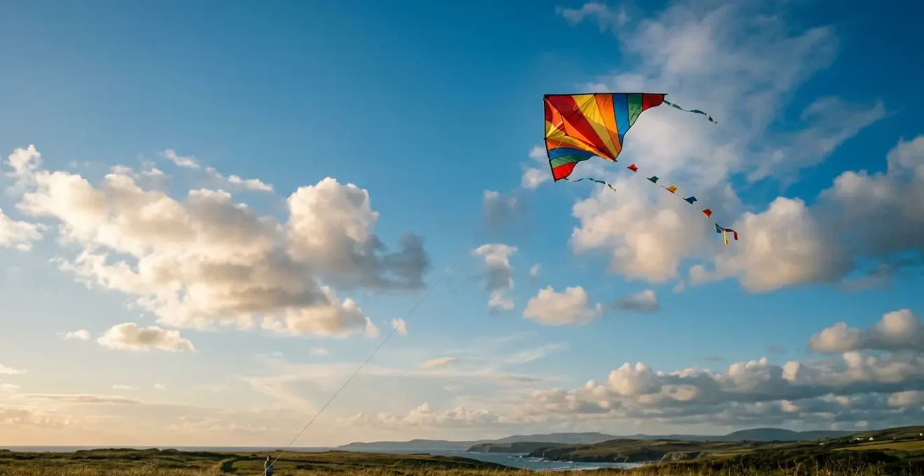 Cerf-volant coloré flottant dans un vaste ciel bleu, symbolisant la liberté et la déconnexion