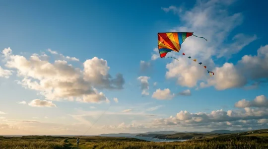 Cerf-volant coloré flottant dans un vaste ciel bleu, symbolisant la liberté et la déconnexion