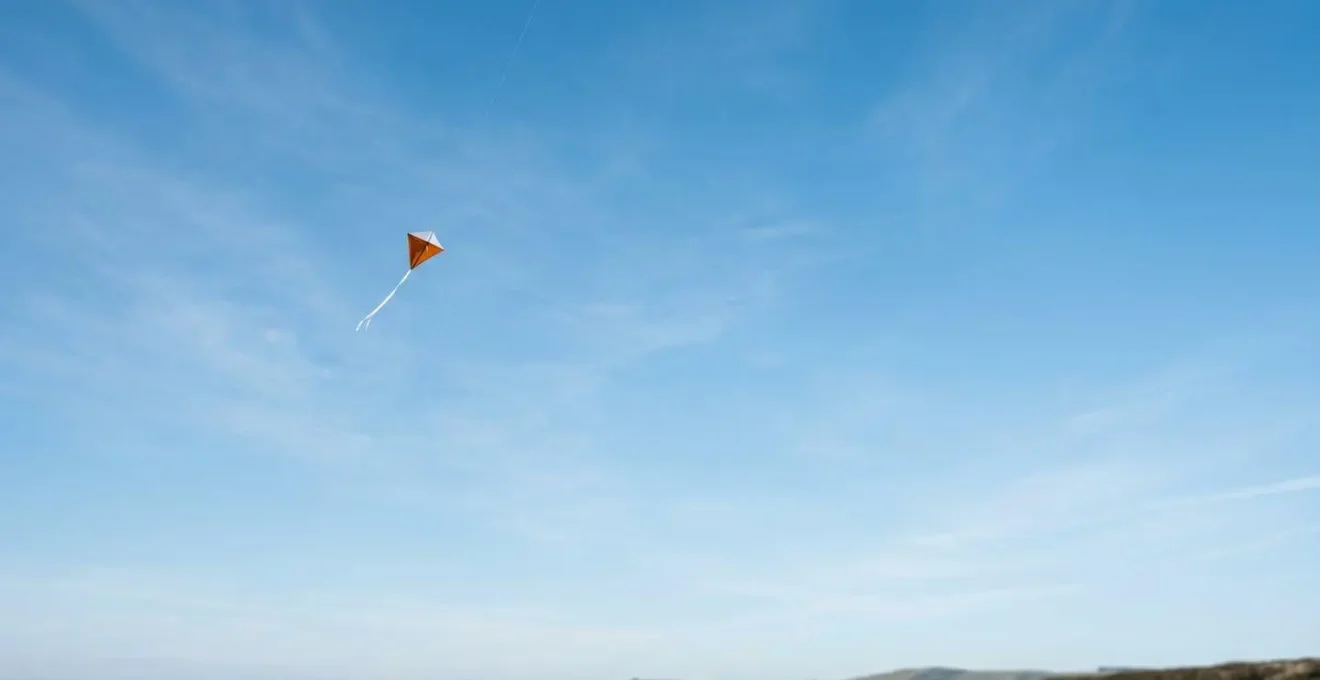 Vue grand angle d'un cerf-volant dans un ciel dégagé avec espace négatif dominant, suggérant la légèreté et le mouvement doux