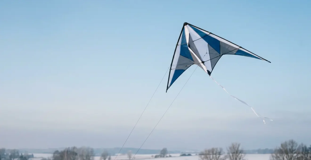 Cerf-volant delta élancé en vol stationnaire dans un ciel d'hiver avec air dense et conditions de vent faible