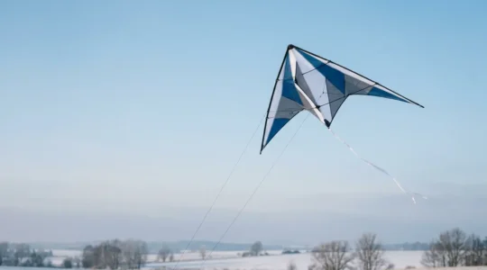 Cerf-volant delta élancé en vol stationnaire dans un ciel d'hiver avec air dense et conditions de vent faible