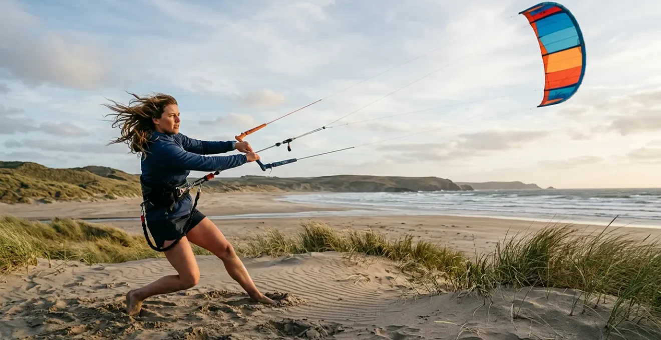 Personne pratiquant le cerf-volant de puissance en position de fente sur une plage