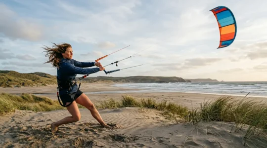 Personne pratiquant le cerf-volant de puissance en position de fente sur une plage
