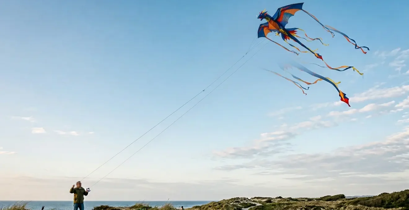 Cerf-volant géant en forme de dragon coloré flottant dans un ciel bleu avec des détails aérodynamiques visibles
