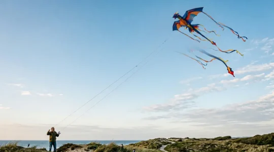 Cerf-volant géant en forme de dragon coloré flottant dans un ciel bleu avec des détails aérodynamiques visibles
