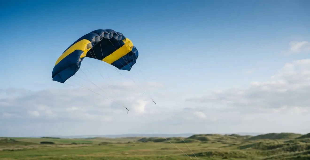 Cerf-volant de type Flowform en vol stable dans le ciel avec paysage naturel en arrière-plan