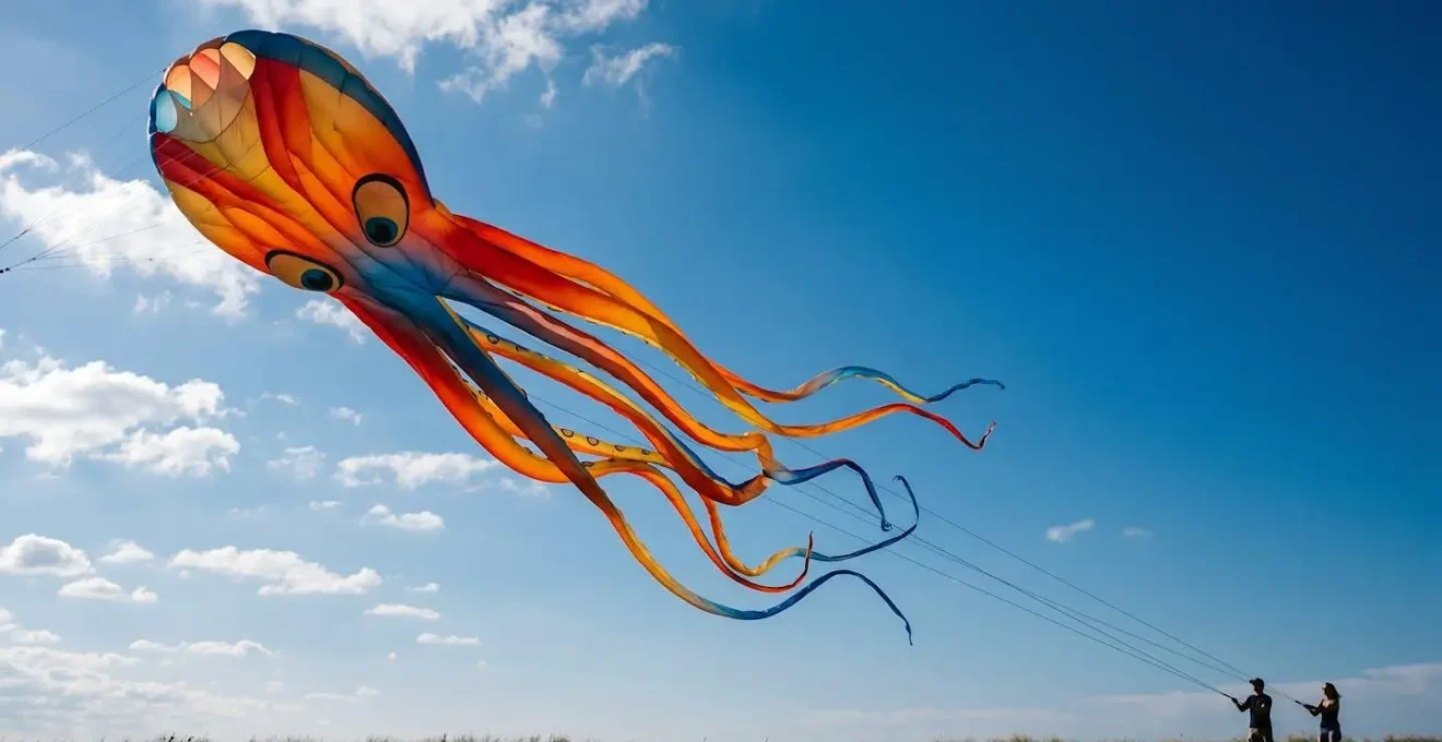Cerf-volant géant en forme de pieuvre flottant majestueusement dans le ciel