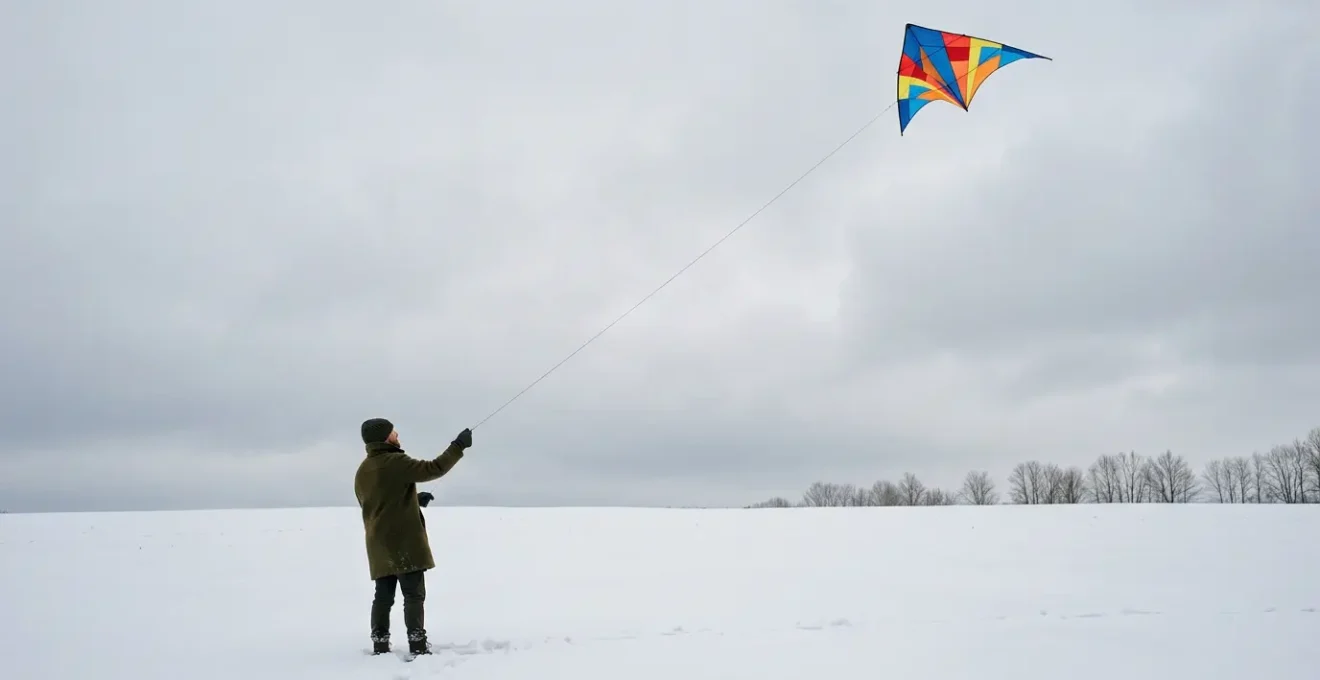 Personne faisant voler un cerf-volant coloré sous un ciel d'hiver nuageux dans un champ ouvert