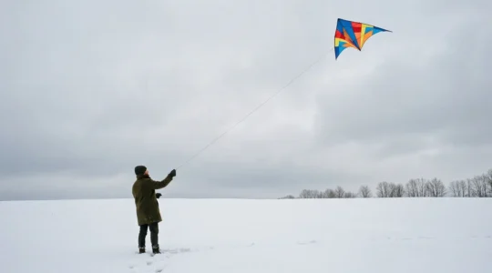 Personne faisant voler un cerf-volant coloré sous un ciel d'hiver nuageux dans un champ ouvert