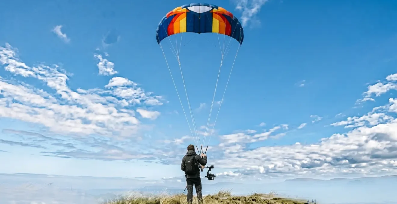 Cerf-volant de photographie aérienne en vol avec nacelle suspendue portant une caméra dans un ciel dégagé