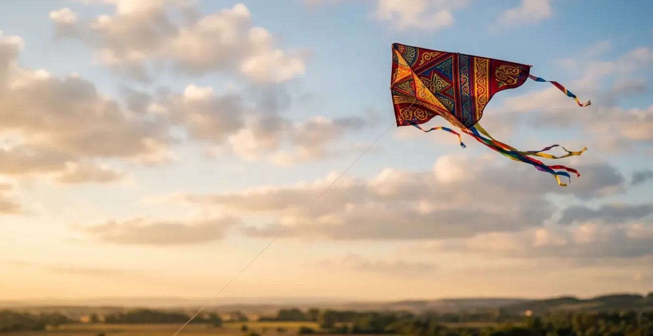 Cerf-volant coloré s'élevant dans un ciel lumineux, symbole de liberté et d'aspiration spirituelle