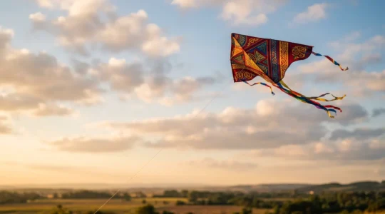 Cerf-volant coloré s'élevant dans un ciel lumineux, symbole de liberté et d'aspiration spirituelle