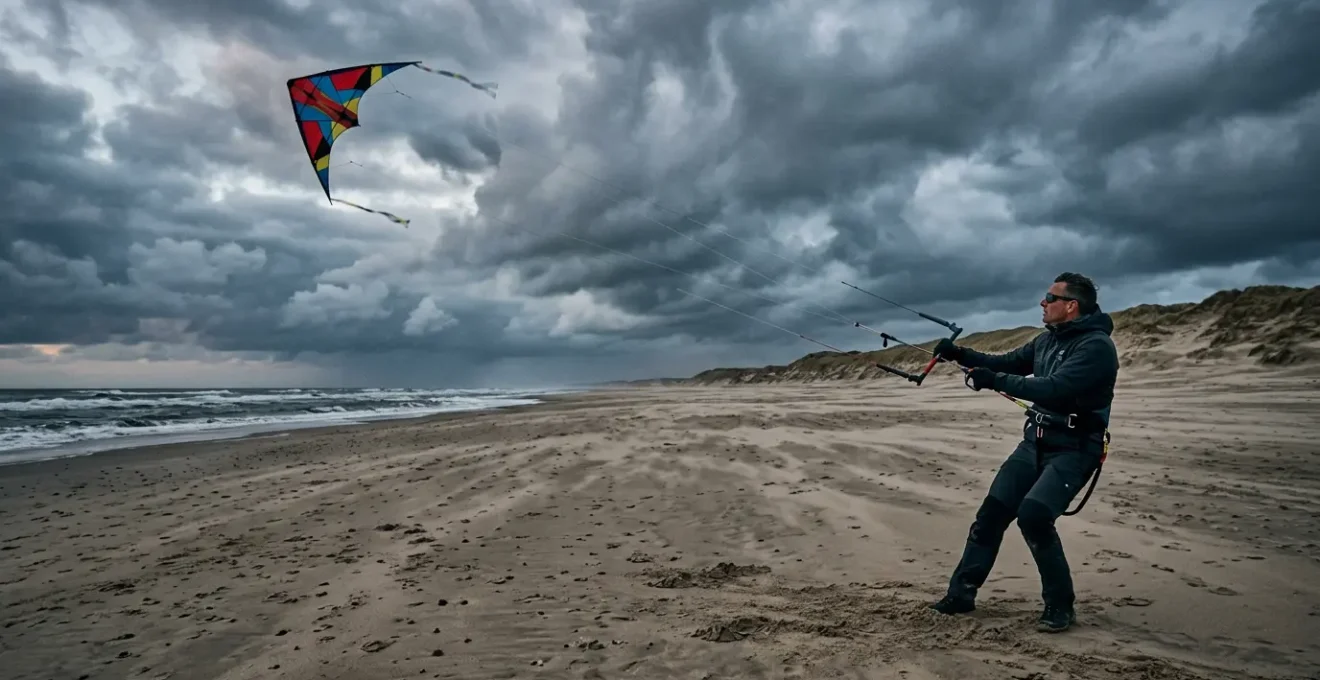 Pilote maitrisant un cerf-volant acrobatique par vent fort avec equipement de securite