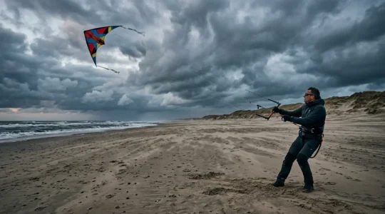 Pilote maitrisant un cerf-volant acrobatique par vent fort avec equipement de securite