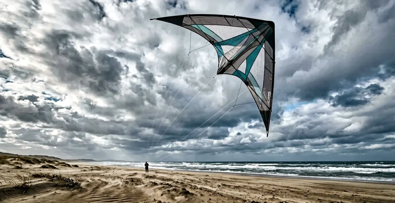 Cerf-volant acrobatique avec toile ventilée en vol par vent puissant au-dessus d'une plage