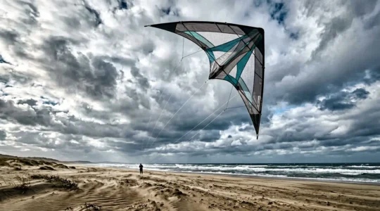 Cerf-volant acrobatique avec toile ventilée en vol par vent puissant au-dessus d'une plage