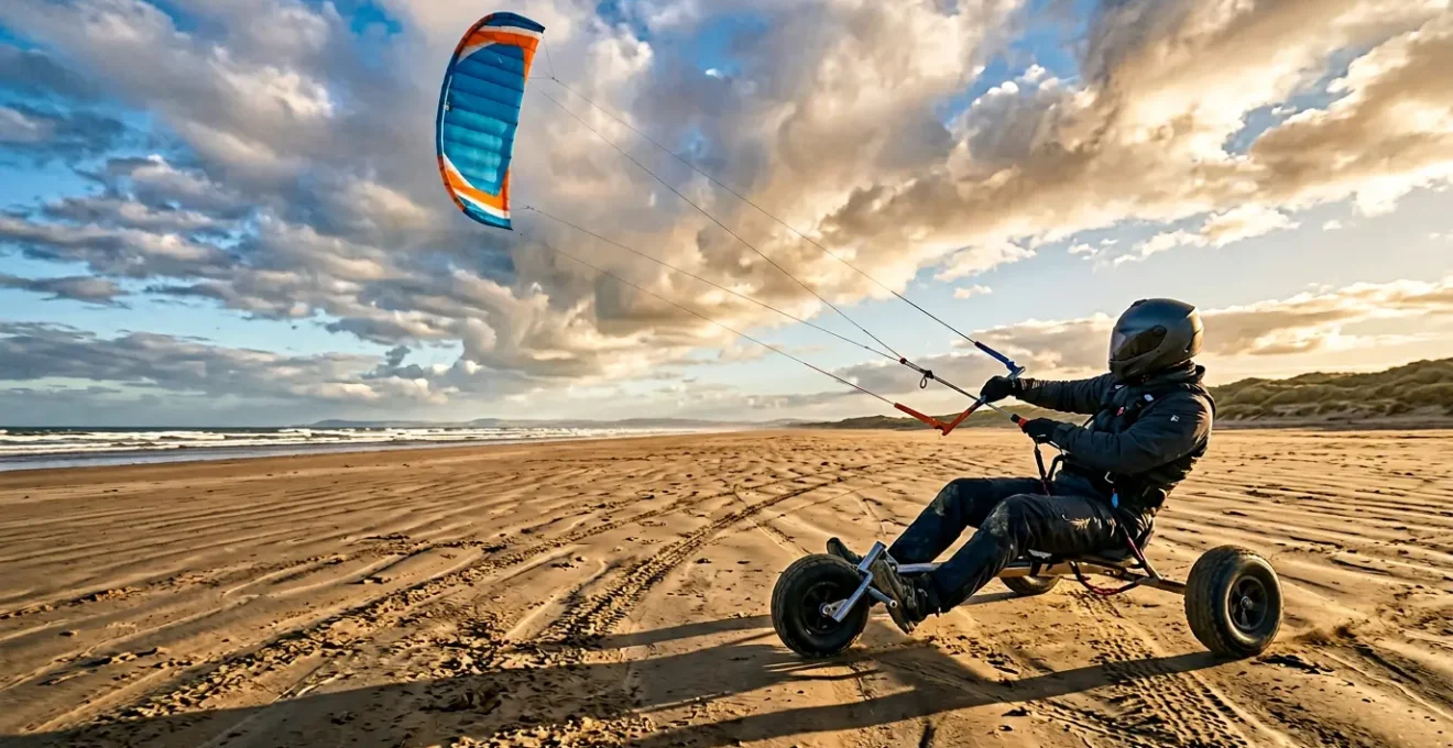Pilote de char à cerf-volant en action sur une plage venteuse lors d'une remontée au vent