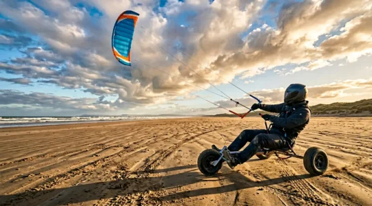 Pilote de char à cerf-volant en action sur une plage venteuse lors d'une remontée au vent