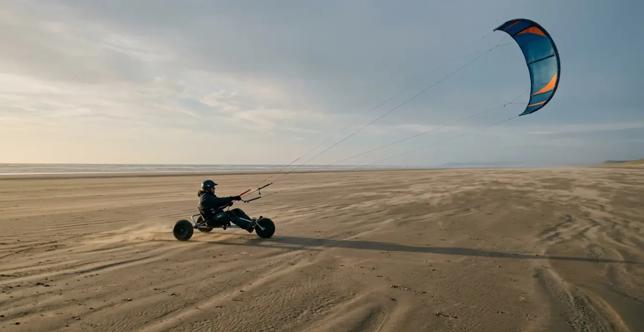 Pilote de kite buggy sur une plage dégagée, aile de traction déployée dans un vent modéré
