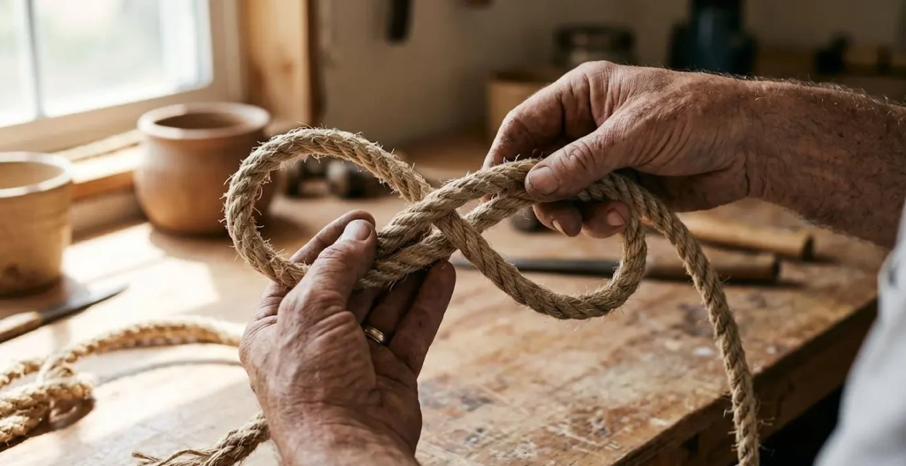 Gros plan sur des mains d'artisan enroulant méticuleusement une corde selon la technique en huit.