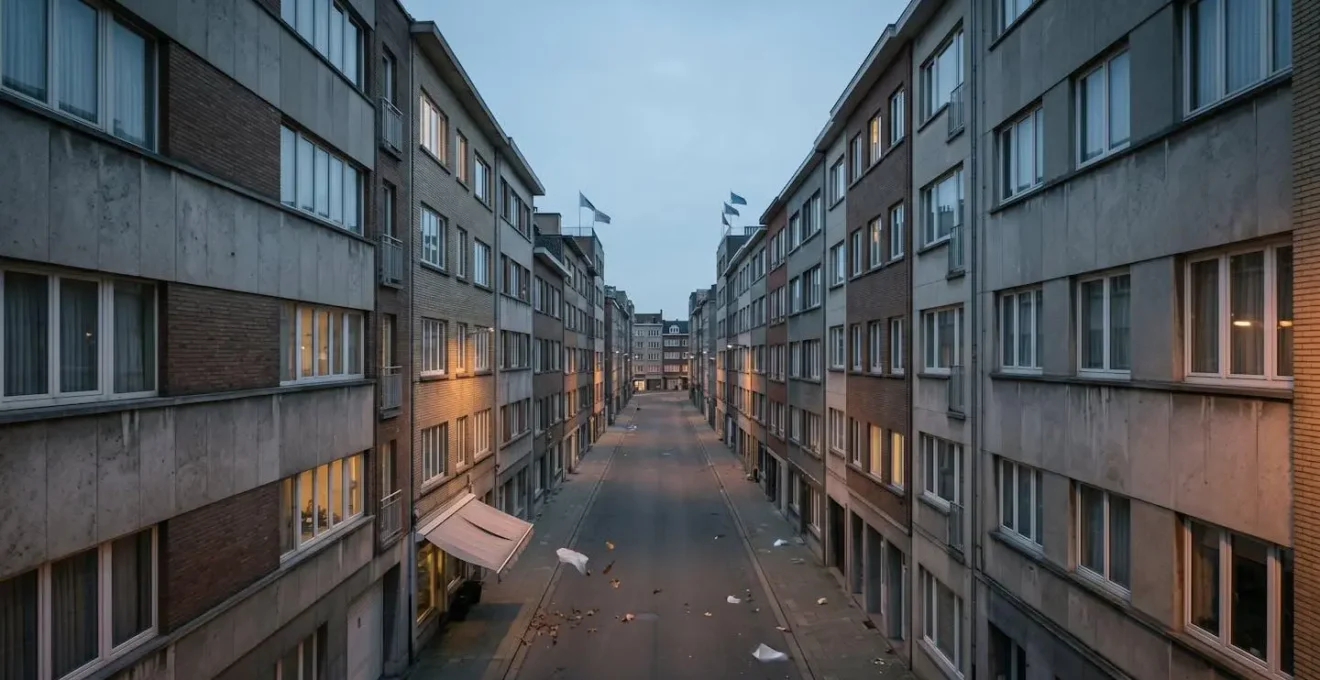 Vue environnementale d'une rue urbaine montrant les flux de vent entre immeubles