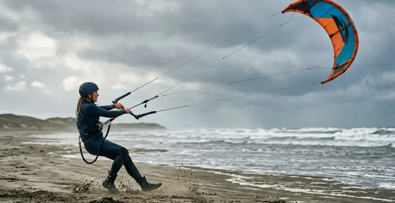 Débutant en traction terrestre maîtrisant son aile de powerkite sur une plage venteuse