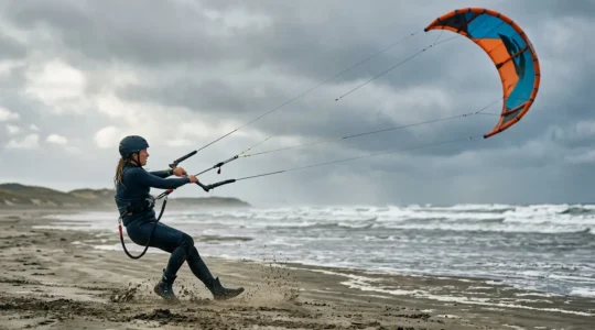 Débutant en traction terrestre maîtrisant son aile de powerkite sur une plage venteuse