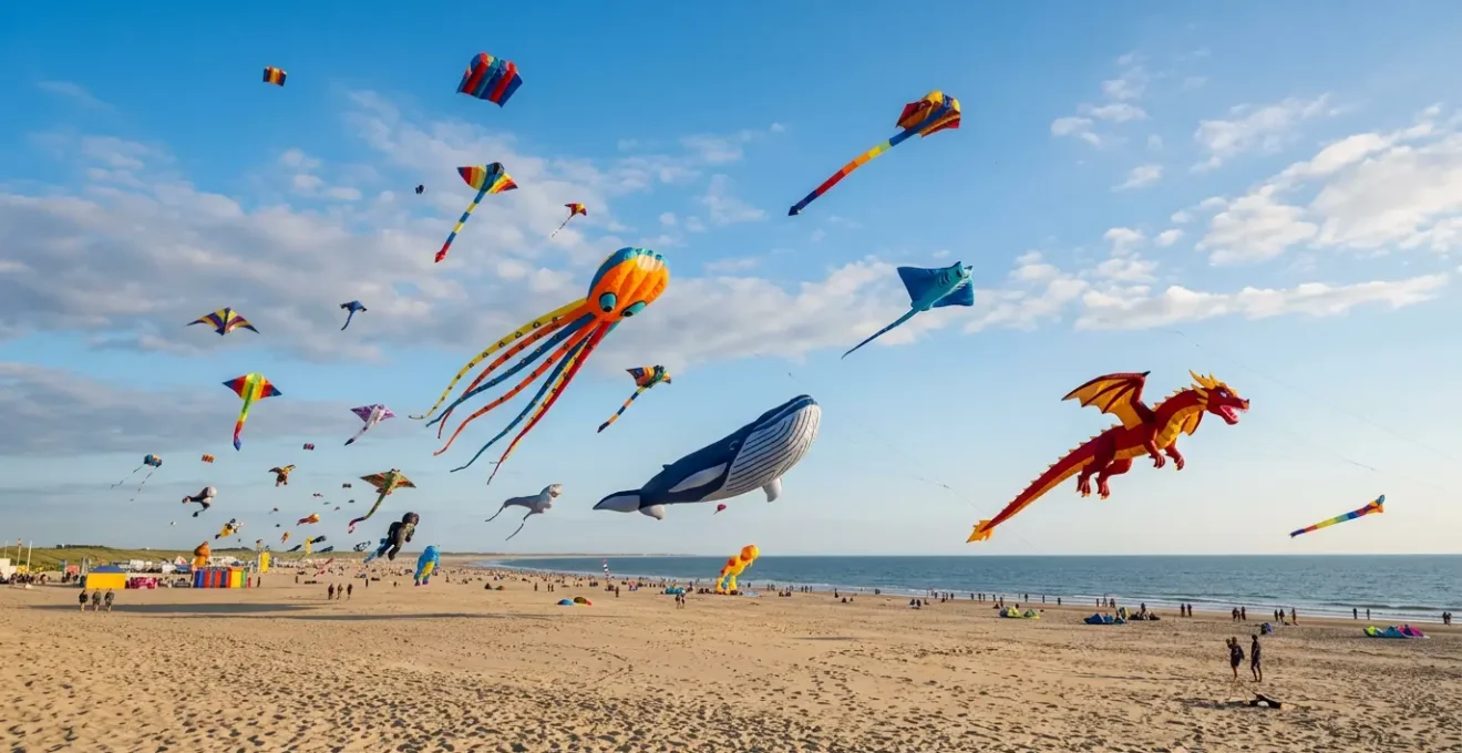 Spectacle de cerfs-volants géants colorés dans le ciel lors d'une démonstration publique