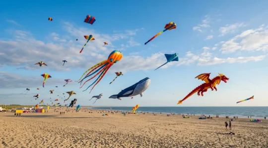 Spectacle de cerfs-volants géants colorés dans le ciel lors d'une démonstration publique