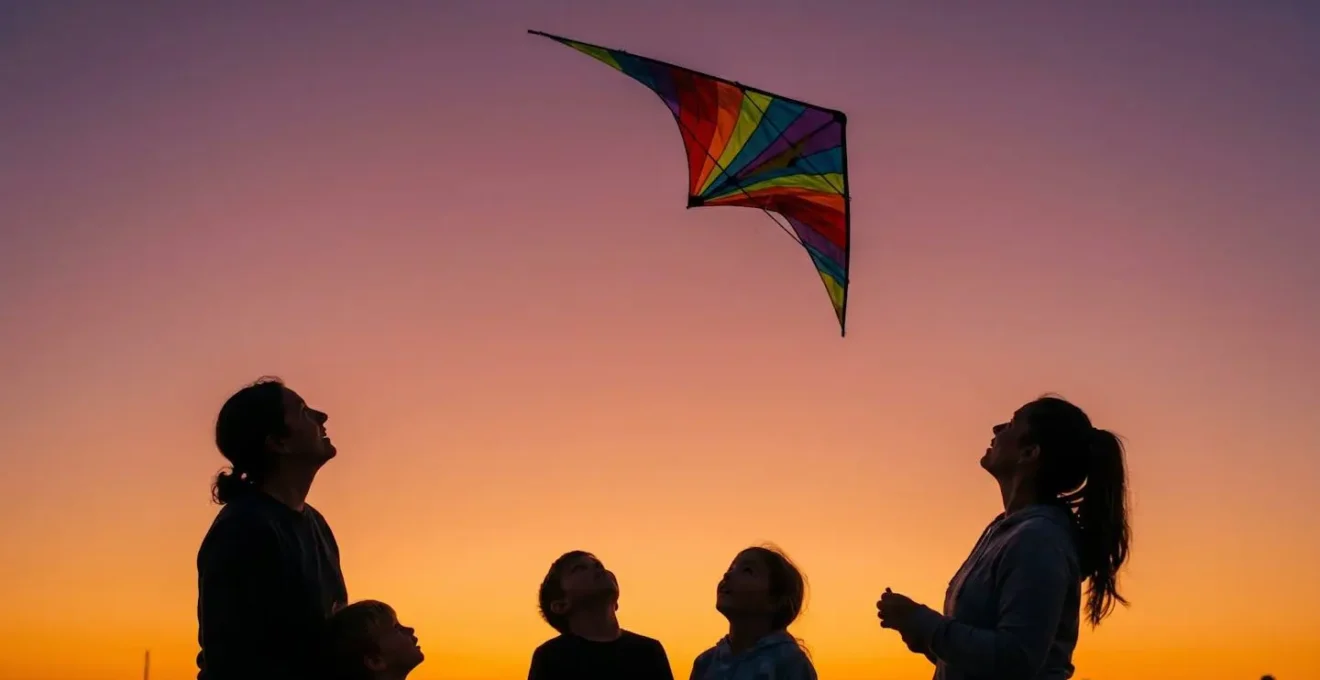 Spectateurs captivés observant une démonstration de cerf-volant acrobatique au coucher du soleil