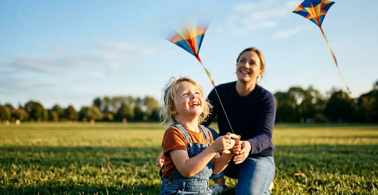 Enfant de 4 ans tenant avec joie la poignée d'un cerf-volant coloré qui s'envole dans le ciel