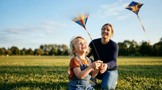 Enfant de 4 ans tenant avec joie la poignée d'un cerf-volant coloré qui s'envole dans le ciel