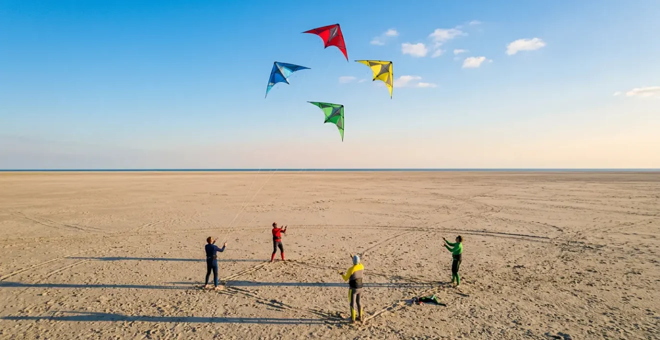 Équipe de quatre pilotes faisant voler des cerfs-volants acrobatiques en formation parfaitement synchronisée dans le ciel