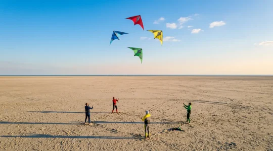 Équipe de quatre pilotes faisant voler des cerfs-volants acrobatiques en formation parfaitement synchronisée dans le ciel