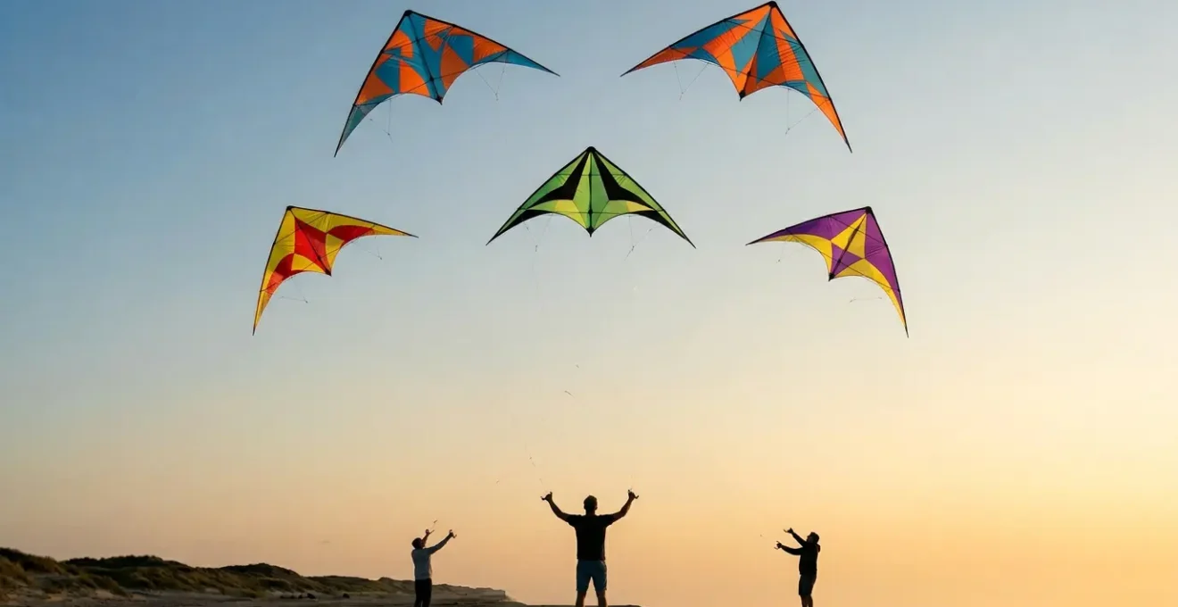Cerfs-volants pilotables colorés dans le ciel lors d'une session de jeux et de défis en plein air