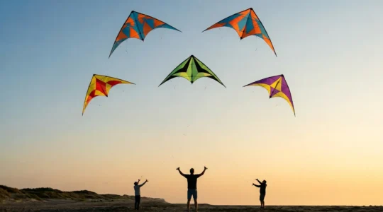 Cerfs-volants pilotables colorés dans le ciel lors d'une session de jeux et de défis en plein air