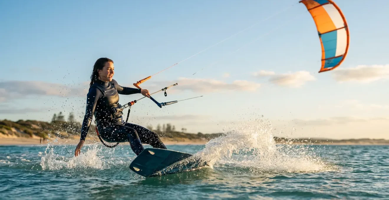 Kitesurfeur débutant réalisant son premier waterstart dans une lagune calme avec cerf-volant en position de puissance