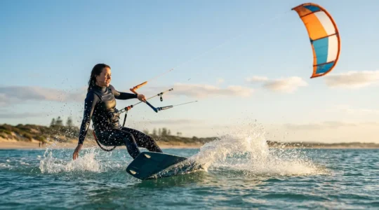 Kitesurfeur débutant réalisant son premier waterstart dans une lagune calme avec cerf-volant en position de puissance
