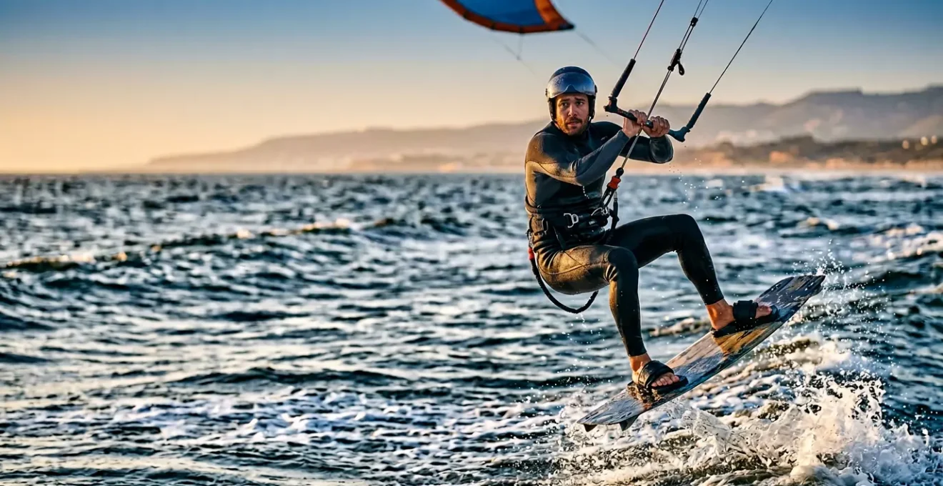 Kitesurfeur en plein saut au-dessus de l'eau lors d'une première tentative avec concentration intense