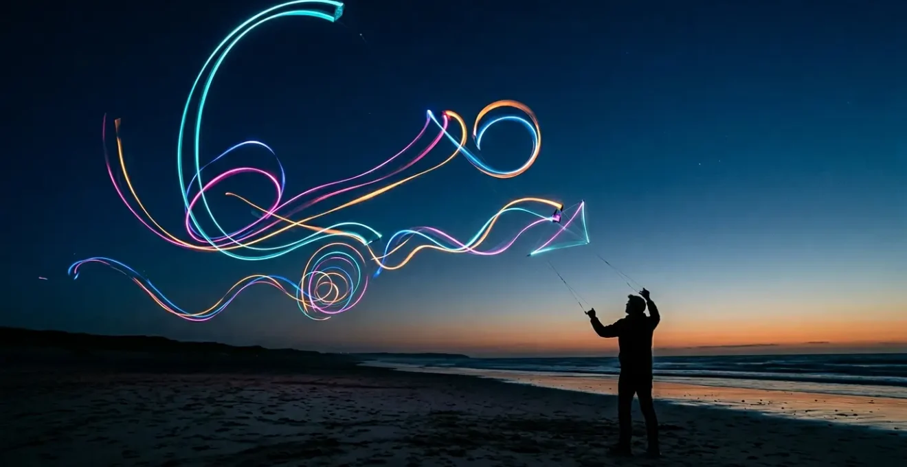 Traces lumineuses colorées créées par un cerf-volant équipé de LED dans le ciel nocturne