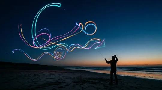 Traces lumineuses colorées créées par un cerf-volant équipé de LED dans le ciel nocturne